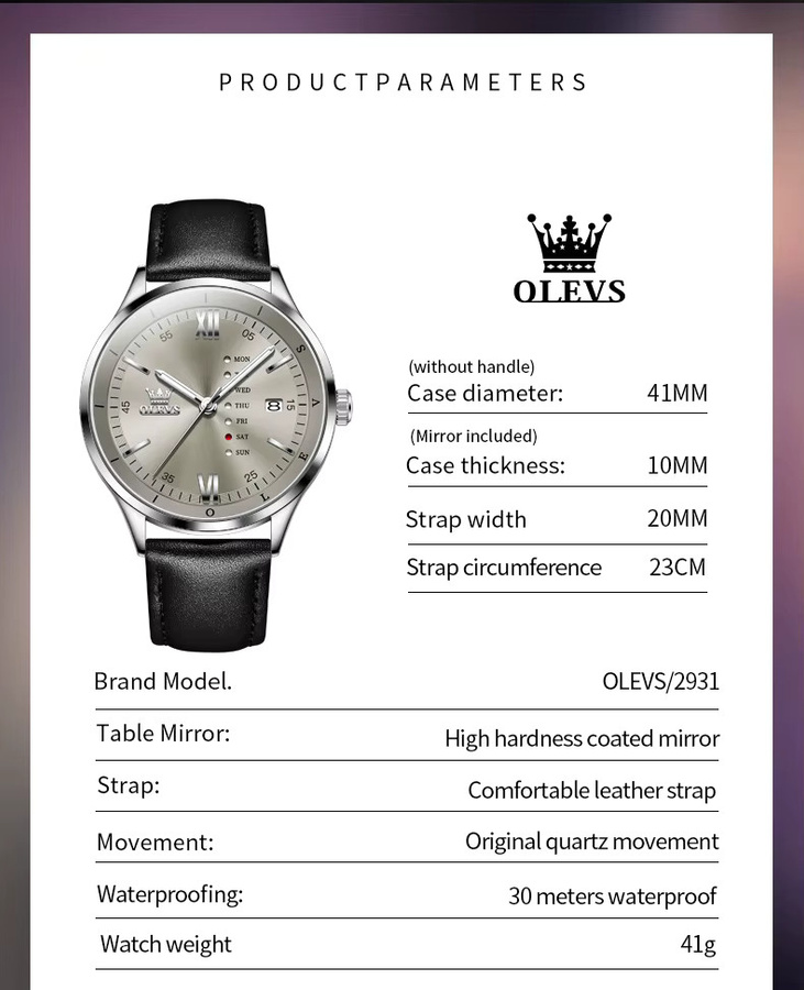 OLEVS Armbanduhr, Quarz, Edelstahl, Silber, Leder, Herren - Bild 6