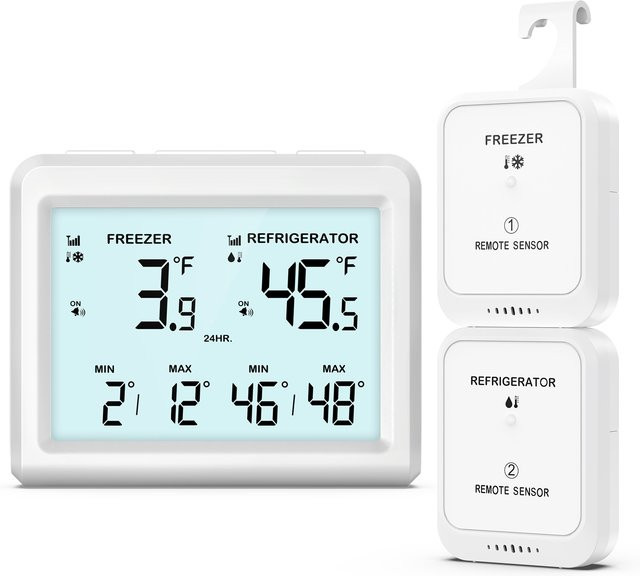 ORIA Digitales Kühlschrankthermometer in Weiß mit 2 kabellosen Sensoren zur Temperaturüberwachung für Kühlschrank und Gefrierschrank - Bild 1