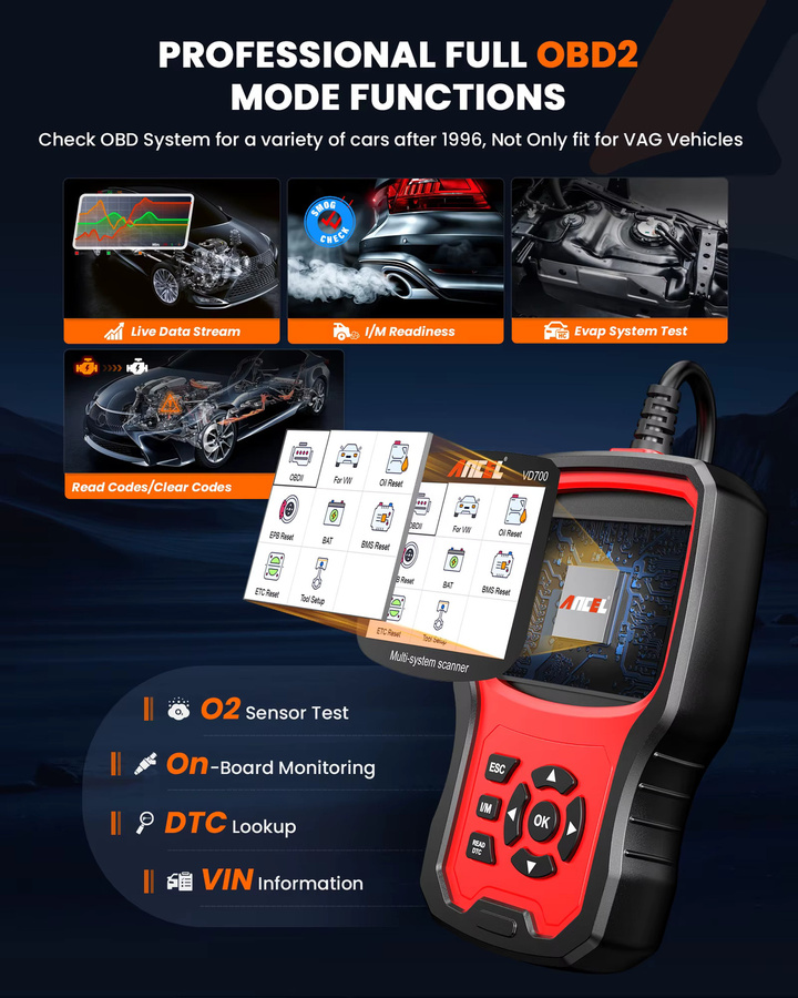 ANCEL VD700 Professioneller OBD2-Scanner Auto-Codeleser für VW, Audi, Seat und Skoda in Schwarz mit Öl-, EPB-, SAS- und TPMS-Reset - Bild 2