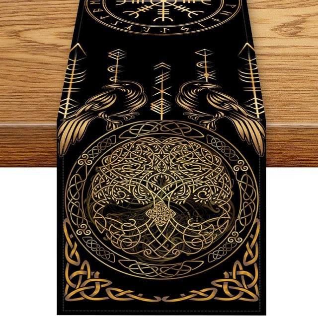 JINGYUE Pet Tischläufer Wikinger Rabe Helm aus Leinen in Braun und Schwarz, B: 150 cm, T: 33 cm - Bild 1