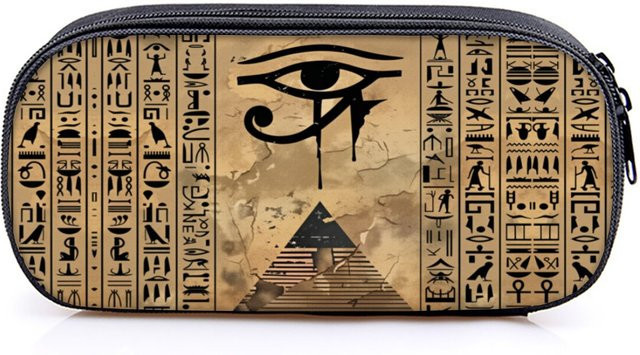Mehrschichtiges Federmäppchen mit ägyptischen Hieroglyphen-Aufdrucken in Beige und Multicolour aus Textil - Bild 1