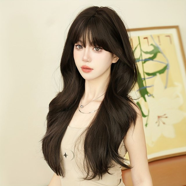 7JHH WIGS Perücke, dunkelbraun, lang, lockig, mit Pony, synthetisch, Damen - Bild 1
