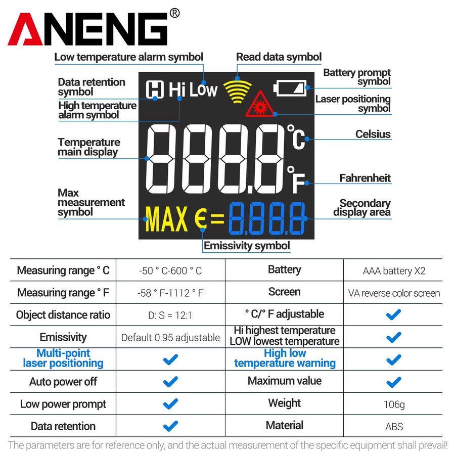 ANENG TH203 Infrarot-Thermometer in Schwarz mit einstellbarer Emissivität, Laserpositionierung und Alarmfunktion für den Bereich -50 bis 600 °C / 1112 °F - Bild 6
