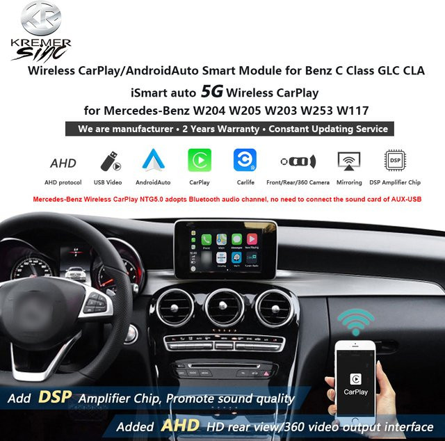 Kabelloses Apple CarPlay und Android Auto Nachrüstsystem für Mercedes Benz C-Klasse, GLC, CLA, W204, W205, W203, W253, W117 mit Siri-Steuerung in Schwarz - Bild 1
