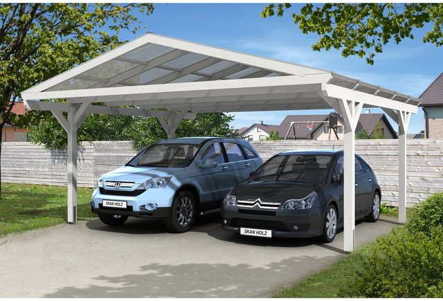 Skan Holz Carport Westerwald aus Fichten-Leimholz in Weiß mit Doppelstegplatten und spitzer Dachform, B/T: 570 x 541 cm - Bild 1