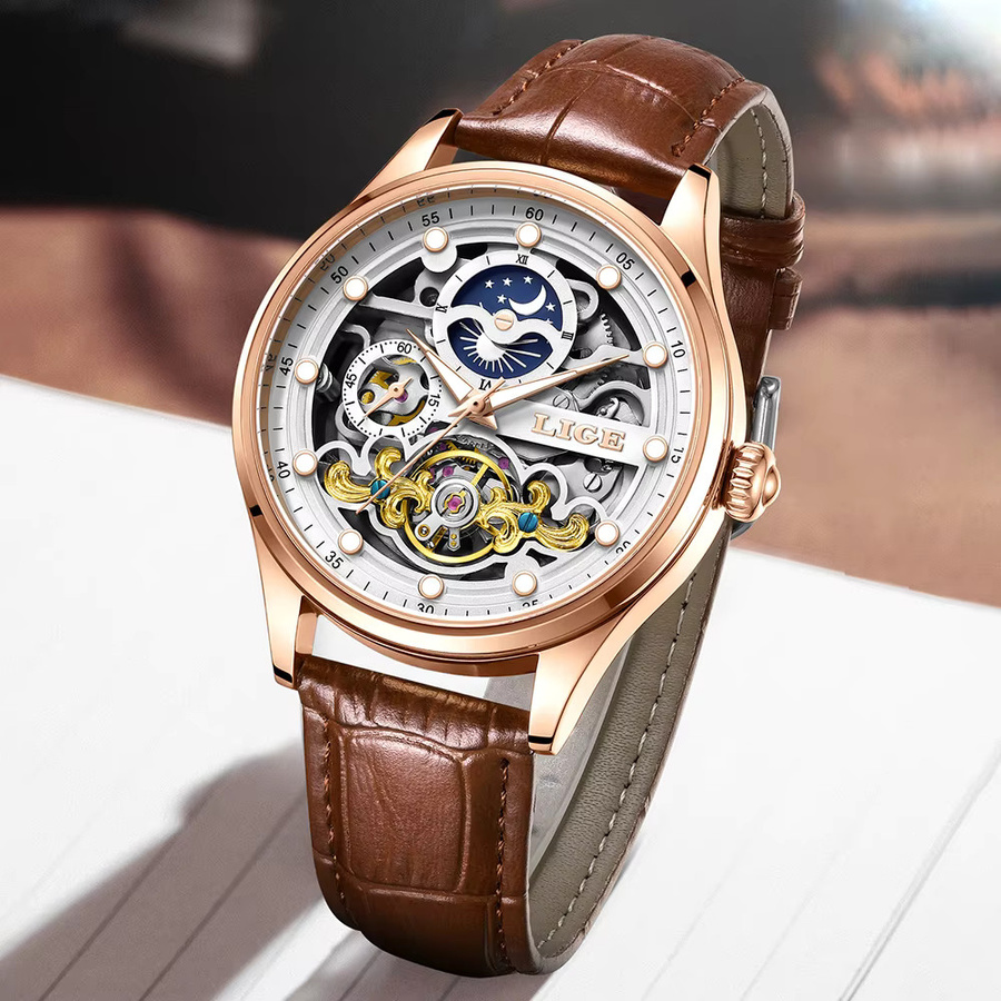LIGE Armbanduhr Automatik, Mondphasen, Leder, Roségold, Herren - Bild 4