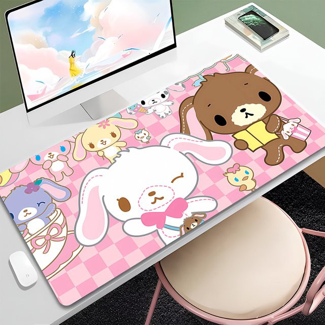 Potdemiel Mauspad S-Sugar Bunnies in Rosa, rutschfeste Schreibtischunterlage im Kawaii-Design für Laptop und PC - Bild 1