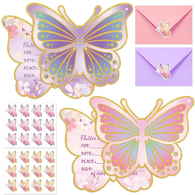 Binchi Outdoor Product Schmetterlings-Geburtstagseinladungen für Mädchen mit Umschlägen und Stickern, 24 Stück, Pink, Lila und Mehrfarbig - Bild 1