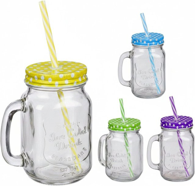 Relaxdays Mason Jar Trinkgläser 4er Set aus Glas in Transparent mit Deckel und Strohhalm - Bild 1