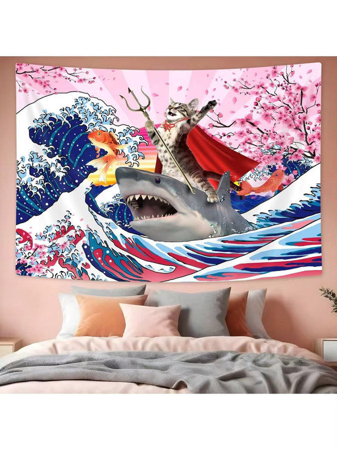 VIKAMA Wandteppich Die große Welle vor Kanagawa mit Katze auf Hai, Ukiyo-e Wandbehang, Mehrfarbig, Breite: 60 cm, Höhe: 40 cm - Bild 3