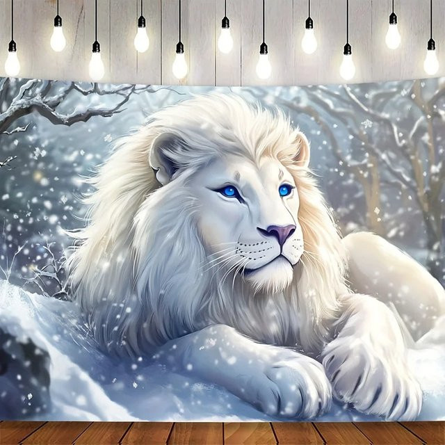 VIKAMA Wandteppich mit modernem Löwen-Motiv in Weiß und Blau, Winter-Schneeszene als Wanddekoration für dein Wohnzimmer oder Schlafzimmer, B/H: 70 x 70 cm - Bild 1
