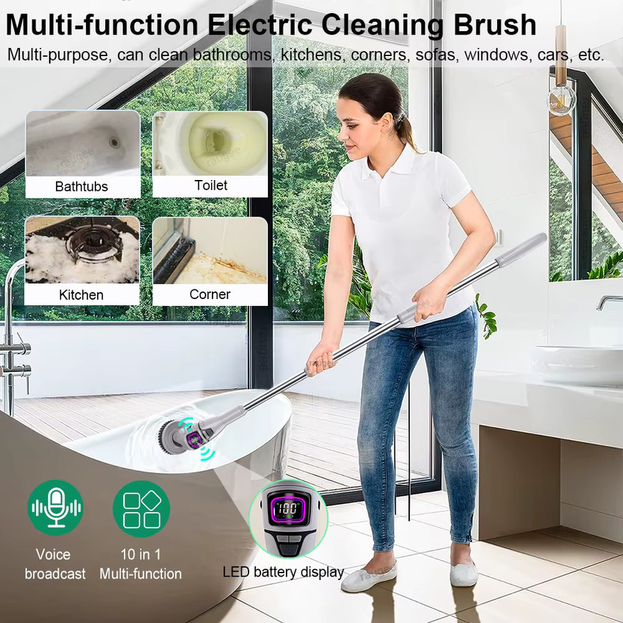 Multifunktionale elektrische Badezimmer-Reinigungsbürste von ragee, 10-in-1 kabelloser Schleuderschrubber für Haushalt, Küche und WC in Grau und Weiß - Bild 2