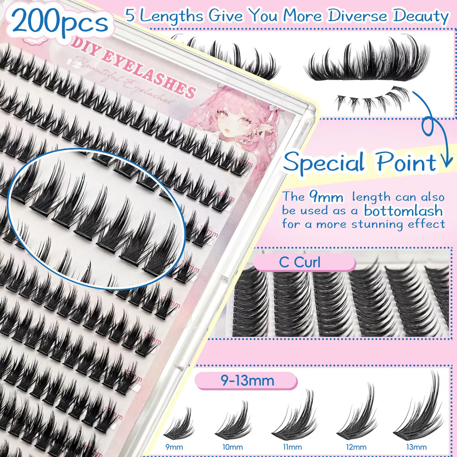 Anlinnet Künstliche Wimpern, 200 Stück, 9–13 mm, Mix - Bild 5