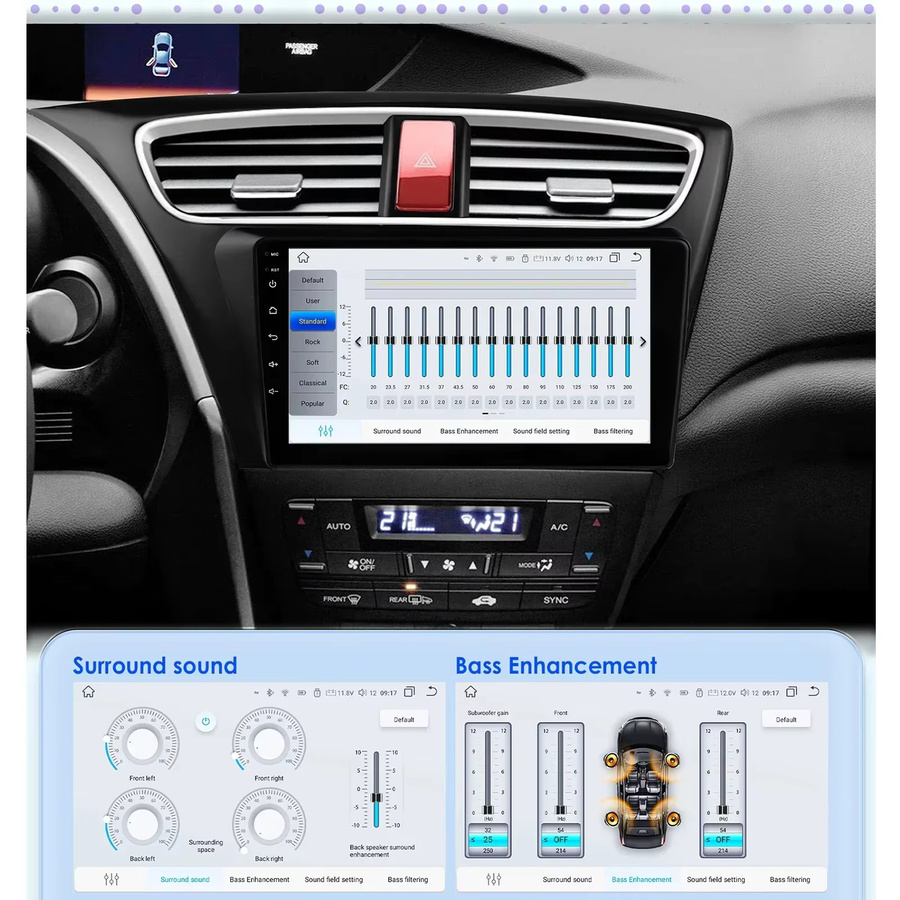 HIZPO Android 14 Auto Radio Multimedia Video Player mit 9 Zoll Display für Honda Civic 9 FK FB 2012 - 2017, GPS, Carplay und 4G, Schwarz - Bild 4