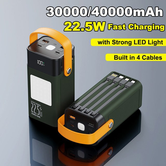 Power Bank 40000 mAh mit eingebautem Kabel, 22,5 W Schnellladung QC PD 3.0, externer Akku in Gelb - Bild 1