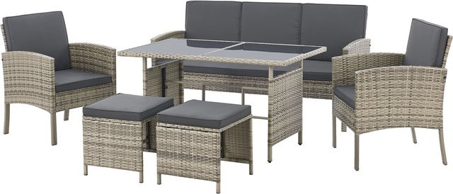 Juskys Polyrattan Gartenmöbel Sitzgruppe Turin Set 6 teilig in Grau Meliert mit Tisch und Polsterung - Bild 1