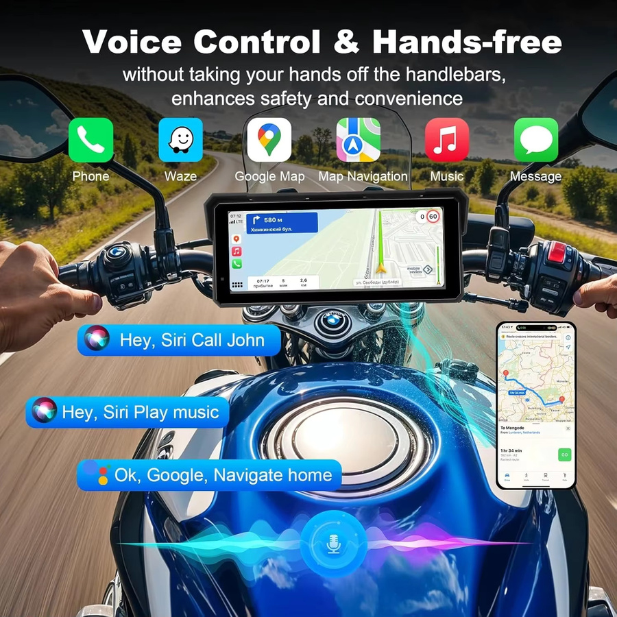 Develuck 8,1 Zoll Motorrad CarPlay Bildschirm mit Android Auto, WLAN, GPS und Dual-Bluetooth, IPX7 wasserdicht, Schwarz - Bild 6