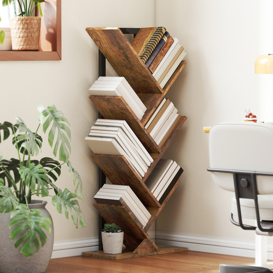 HOMCOM Bücherregal in Baumform mit 7 Ebenen, rustikales Standregal in Braun für Wohnzimmer, Schlafzimmer und Büro - Bild 2