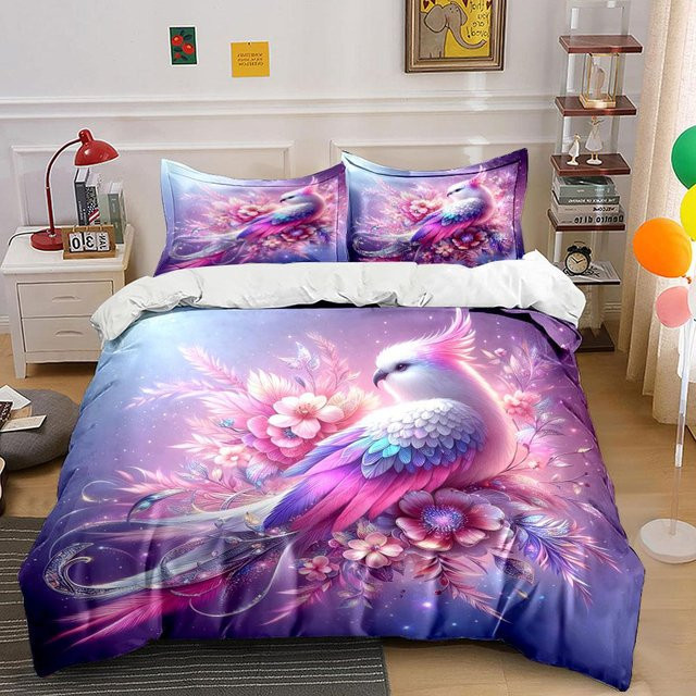 Grosstor 3-teiliges Bettwäsche-Set mit Vogel- und Blumen-Motiv in Rosa und Lila, Digitaldruck, B/H: 135 x 200 cm - Bild 1