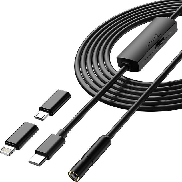 BUMBORN 3-in-1 Endoskopkamera für iPhone, Typ-C und Android, 1080P HD Inspektionskamera mit 5,5 mm, 8 mm und 10 mm Kameralinsen, IP67 wasserdicht, Schwarz - Bild 1