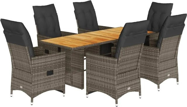 vidaXL 7-tlg Garten-Bistro-Set aus Poly Rattan und Akazienholz in Grau mit Kissen - Bild 1
