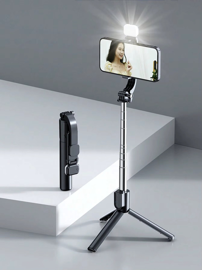 Kabelloser Selfie-Stick mit Stativ, Bluetooth-Fernbedienung und Beleuchtungsständer in Weiß und Multicolour - Bild 3