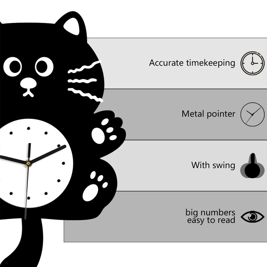 MagiDeal Wanduhr mit Cartoon Katze im modernen Design, Schwarz, Analog und Silent, Breite: 39,5 cm, Höhe: 28,0 cm - Bild 5