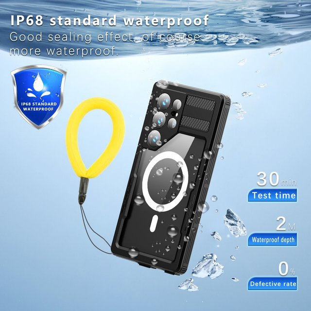 Wasserdichte IP68 Handyhülle mit Magnetschlüsselband für Samsung Galaxy S25 Ultra und S24 in Schwarz - Bild 1