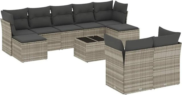 vidaXL 10-tlg. Garten-Sofagarnitur in L-Form mit Polyrattan und Kissen, Hellgrau - Bild 1