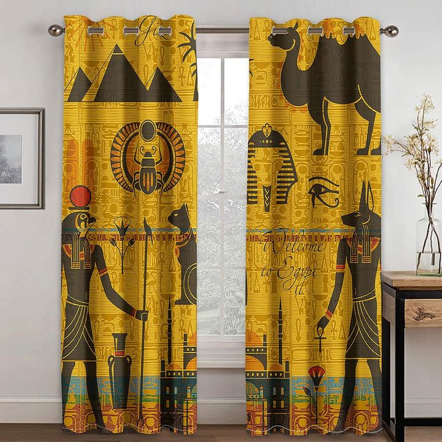 Ägyptisches Wandgemälde Vorhang von Super Six aus Polyester in Gelb, 2 Paneele, B: 100 cm, H: 160 cm - Bild 1