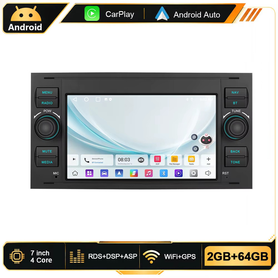 Podofo 7 Zoll 2 Din Android Autoradio mit CarPlay, Android Auto, GPS, WiFi und Bluetooth für Ford Transit Fiesta Focus Galaxy Mondeo Fusion Kuga C-Max S-Max Connect in Schwarz - Bild 7