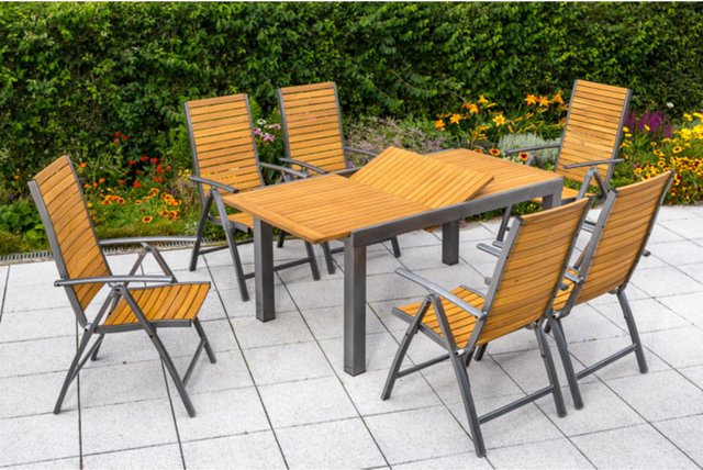 Merxx Tischgruppe Santorin 7-teiliges Gartenmöbel-Set mit Ausziehtisch aus Akazienholz und Aluminium in Braun und Grau - Bild 1