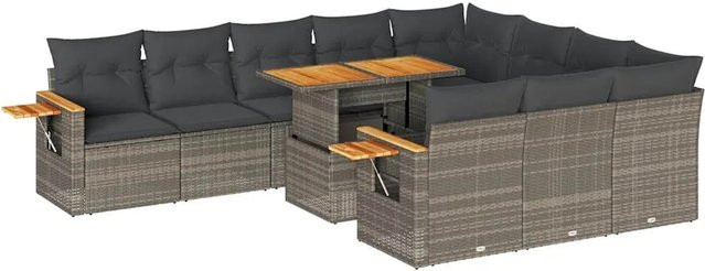 vidaXL 11-tlg Garten-Sofagarnitur in U-Form aus Polyrattan und Akazienholz mit grauen Kissen - Bild 1