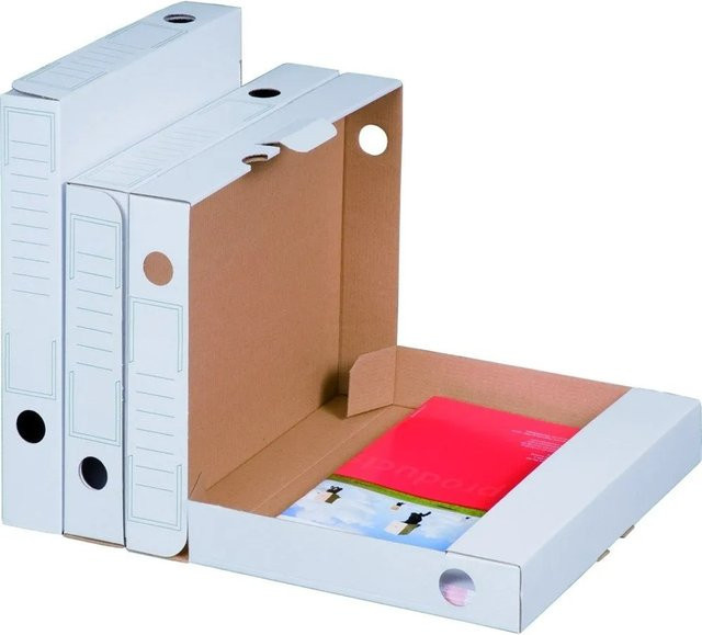 30er Set PROREGAL Archiv-Ablageboxen aus Wellkarton in Weiß mit Grifflöchern und Beschriftungsfeld, B/T/H: 25,0 x 4,5 x 31,7 cm - Bild 1