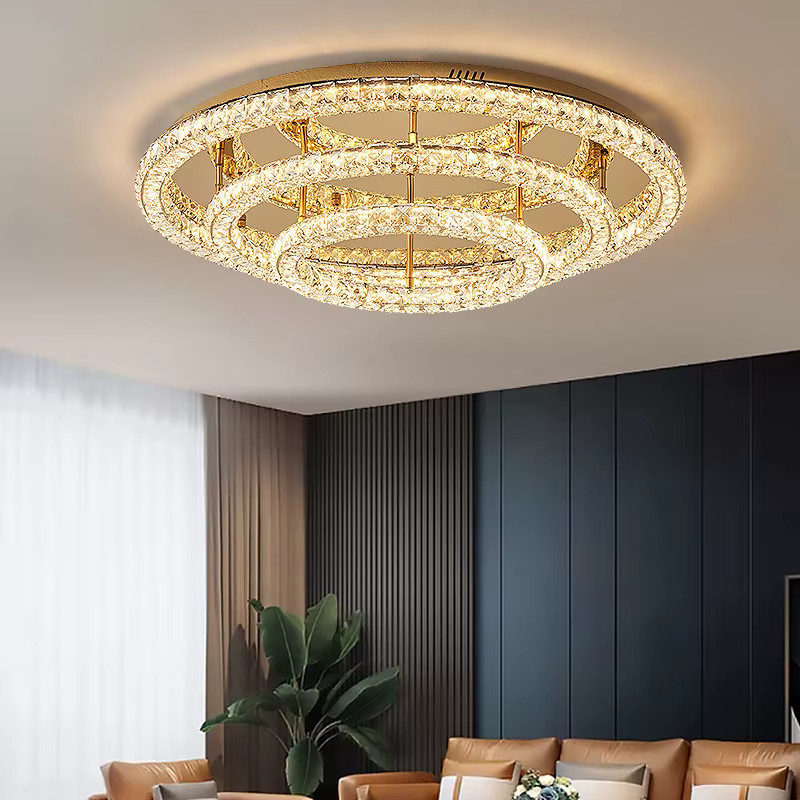 SaloEElaitte Moderner Kristall-Kronleuchter in runder Form, dimmbare LED Deckenleuchte aus Metall für Foyer und Flur, warmweiß, in Silber oder Gold/Messing - Bild 2