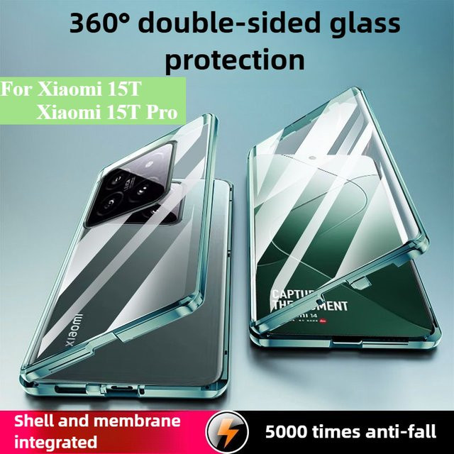 Magnetische 360 Grad Schutzhülle für Xiaomi 15T und 15T Pro mit doppelseitigem Metall-Temperglas in Silber - Bild 1