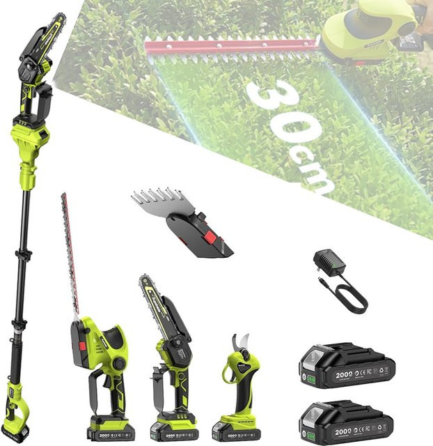 Supstable 8-in-1 Akku Gartenwerkzeug Set mit 12-Zoll Elektrische Heckenschere, Astschere, 6-Zoll Grasschere und Teleskop-Kettensäge in Grün - Bild 1