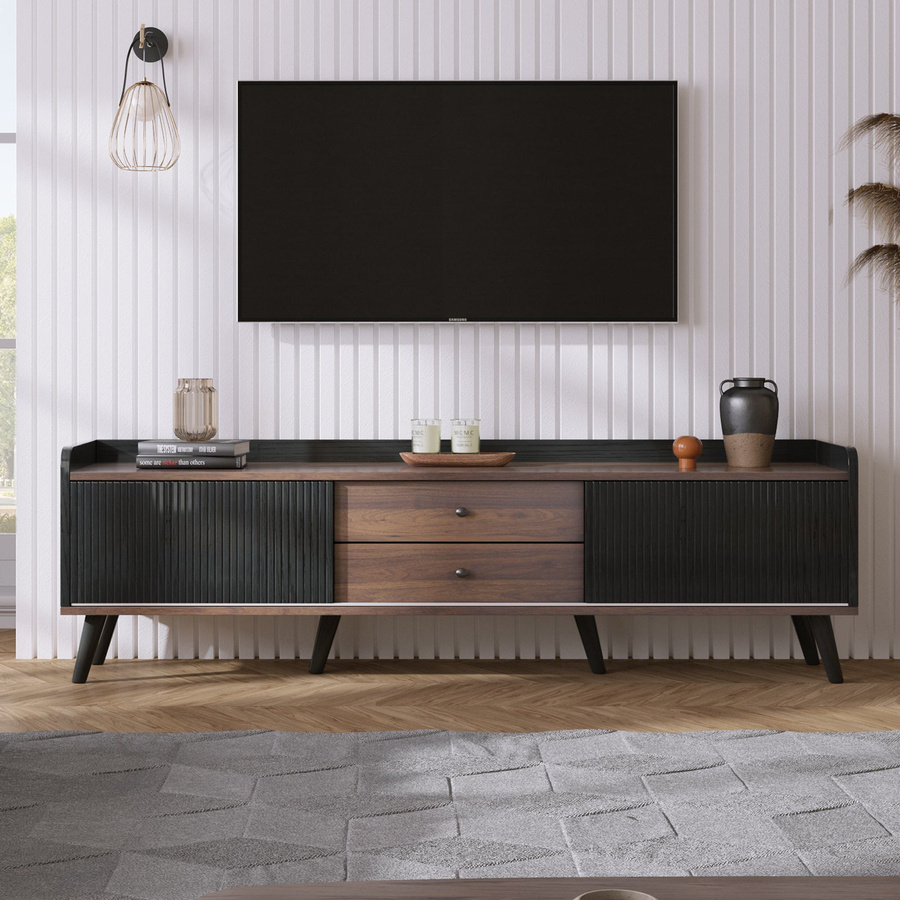 Aosom TV Schrank in Schwarz mit gestreiften Schiebetüren und 2 Schubladen, B/T/H: 160 x 40 x 58 cm - Bild 2