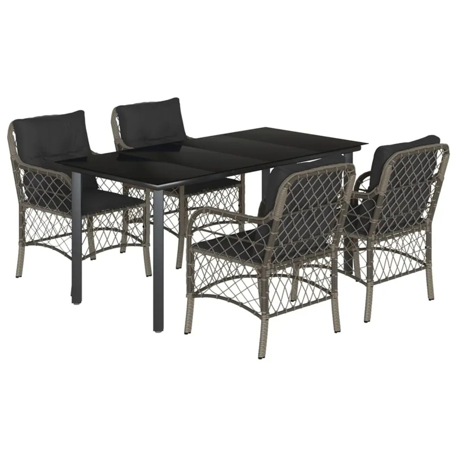 vidaXL 5-teilige Garten-Essgruppe aus Poly Rattan mit Kissen in Grau und Glastisch - Bild 2