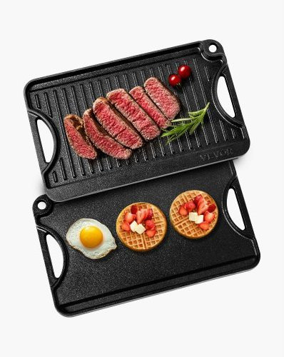 VEVOR Wendbare Grillplatte aus Gusseisen, Rechteckige Griddle Bratpfanne mit Griff, Schwarz, B/T/H: 34,2 x 18,5 cm - Bild 1