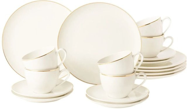 Seltmann Weiden Savona Kaffeeservice 18-teilig aus Porzellan in Weiß mit Goldlinie und Beige - Bild 1
