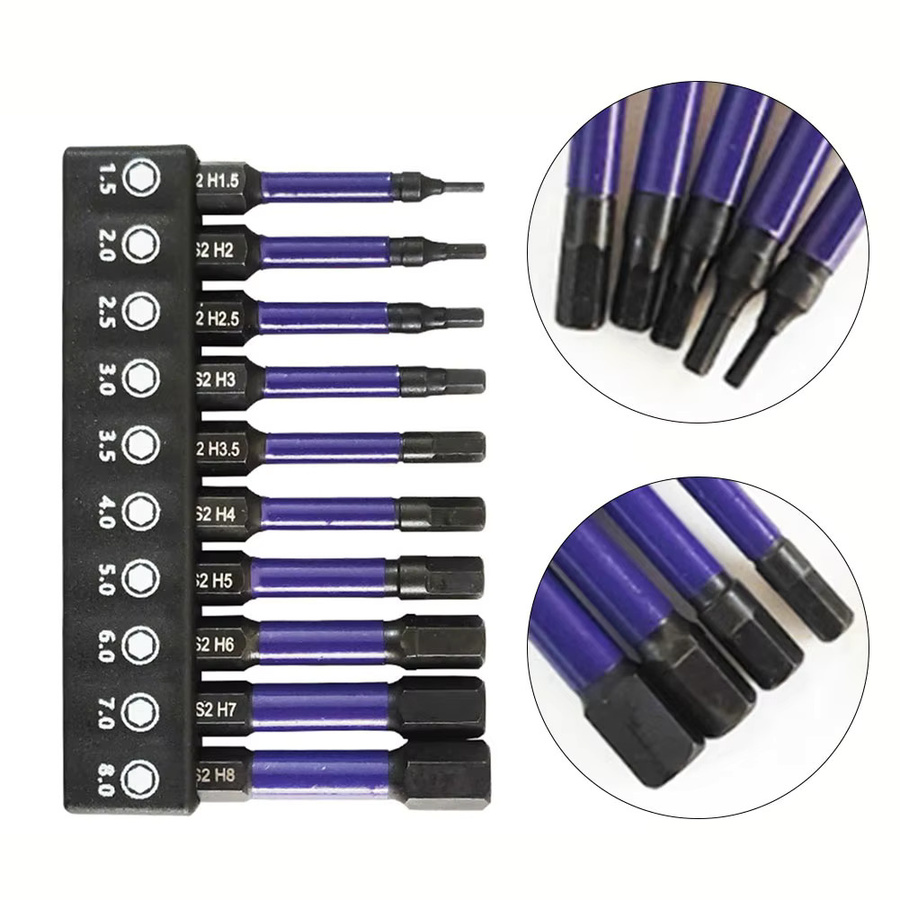 VIBRATITE 10er Set Hex Kopf Schlüssel Bohrer mit magnetischem 1/4 Zoll Quick Release Bit Halter und Schraubendreher Bits in Lila, H1,5-H8 - Bild 5