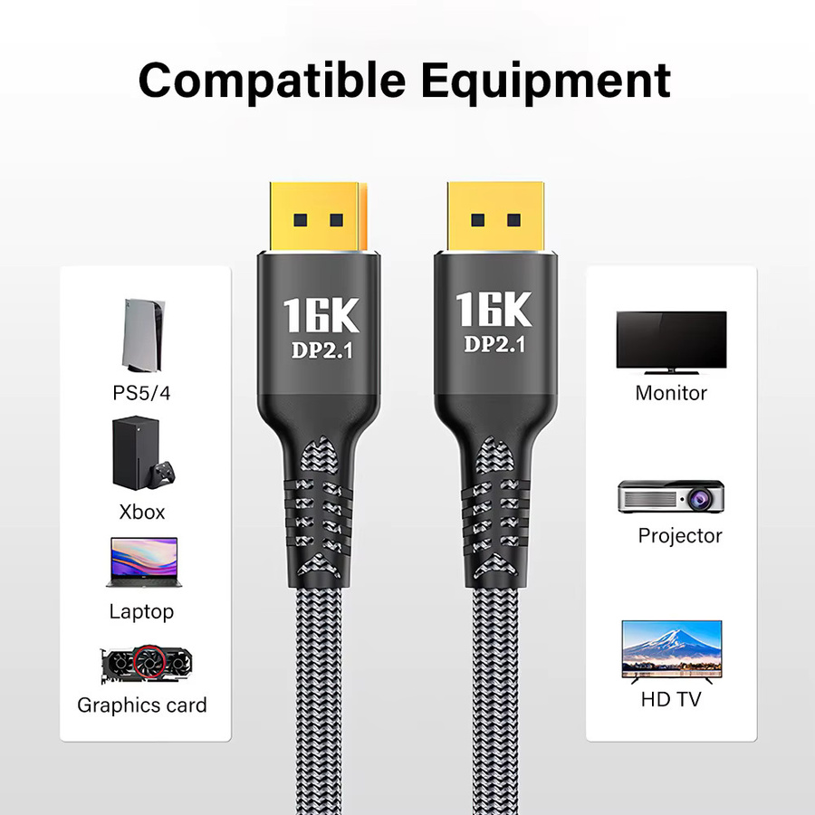 Nephy DisplayPort 2.1 Kabel mit 80 Gbit/s für 16K und 8K, unterstützt FreeSync, G-Sync und HDR10, in Schwarz oder Grau - Bild 2