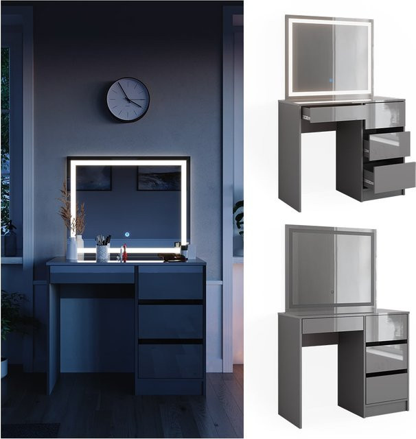 Vicco Schminktisch Set Sherry Grau Hochglanz mit LED-Spiegel B/T/H: 90 x 75 x 40 cm - Bild 2