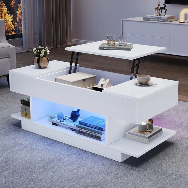 Merax Couchtisch mit LED und höhenverstellbarem Lift-Mechanismus in Weiß mit 2 Klapptüren und Stauraum, B/T/H: 98 x 54,5 x 45 cm - Bild 1