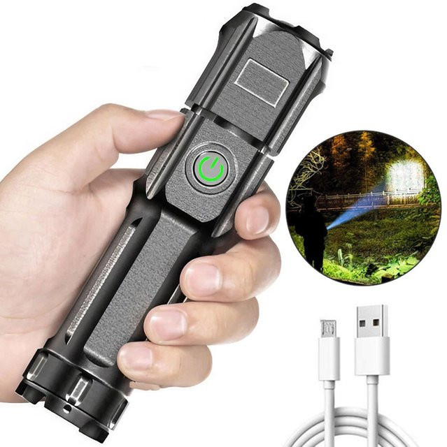 Jjyy LED Taschenlampe mit Lichtfokussierung, USB wiederaufladbar, Schwarz - Bild 1