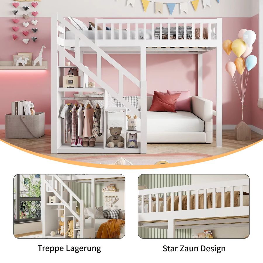 Rosahqnda Kinderhochbett aus Massivholz mit Rausfallschutz, Treppe und Stauraum in Rosa und Weiß, B/T/H: 90 x 200 cm - Bild 3