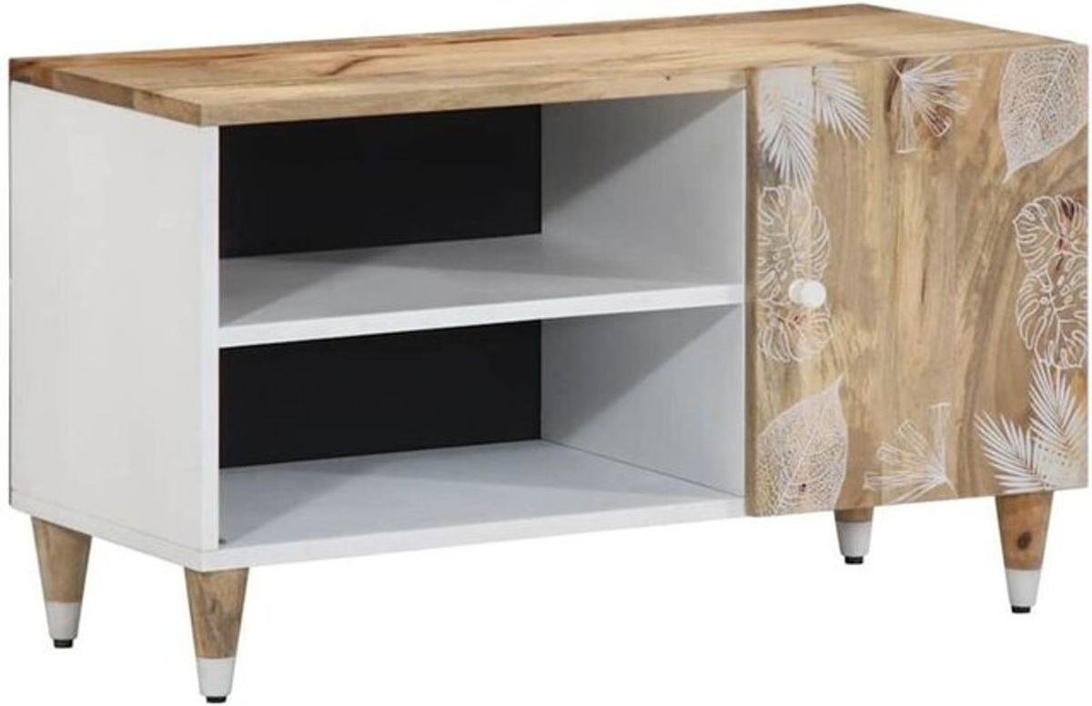 Vidaxl TV-Schrank aus Massivholz in Natur und Weiß im Bohemian Stil, B/T/H: 80 x 31,5 x 46 cm - Bild 1