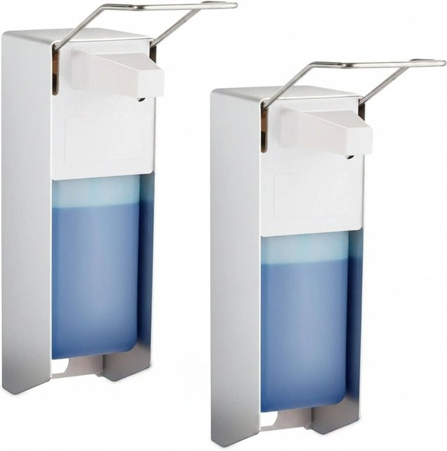 Relaxdays Desinfektionsspender 2er Set aus Edelstahl und Kunststoff in Silber und Weiß mit Hebel, Höhe: 32 cm, Breite: 9 cm, Tiefe: 23 cm - Bild 1