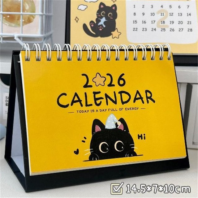 Schreibtischkalender Binchi Outdoor Product mit schwarzen Katzen-Illustrationen, Gelb/Schwarz - Bild 1